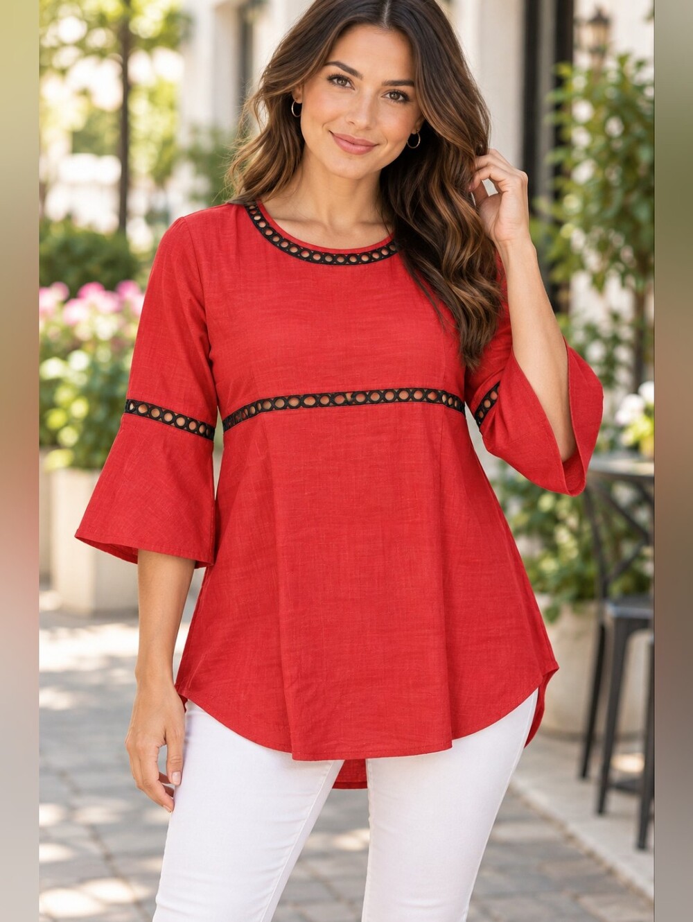 Women’s Small Red Crochet Cutout Trim Bell Sleeve Boho Blouse